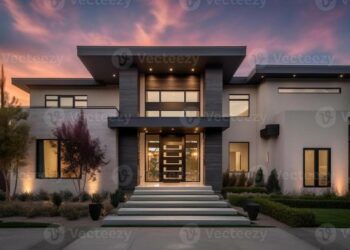 Exterior of modern luxury house with garden and beautiful sky 23308053 ...