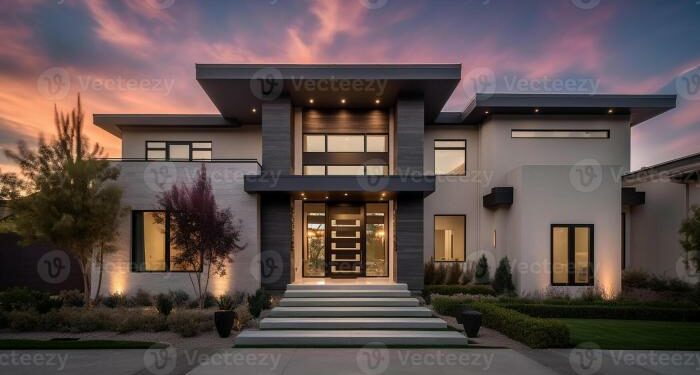 Exterior of modern luxury house with garden and beautiful sky 23308053 ...